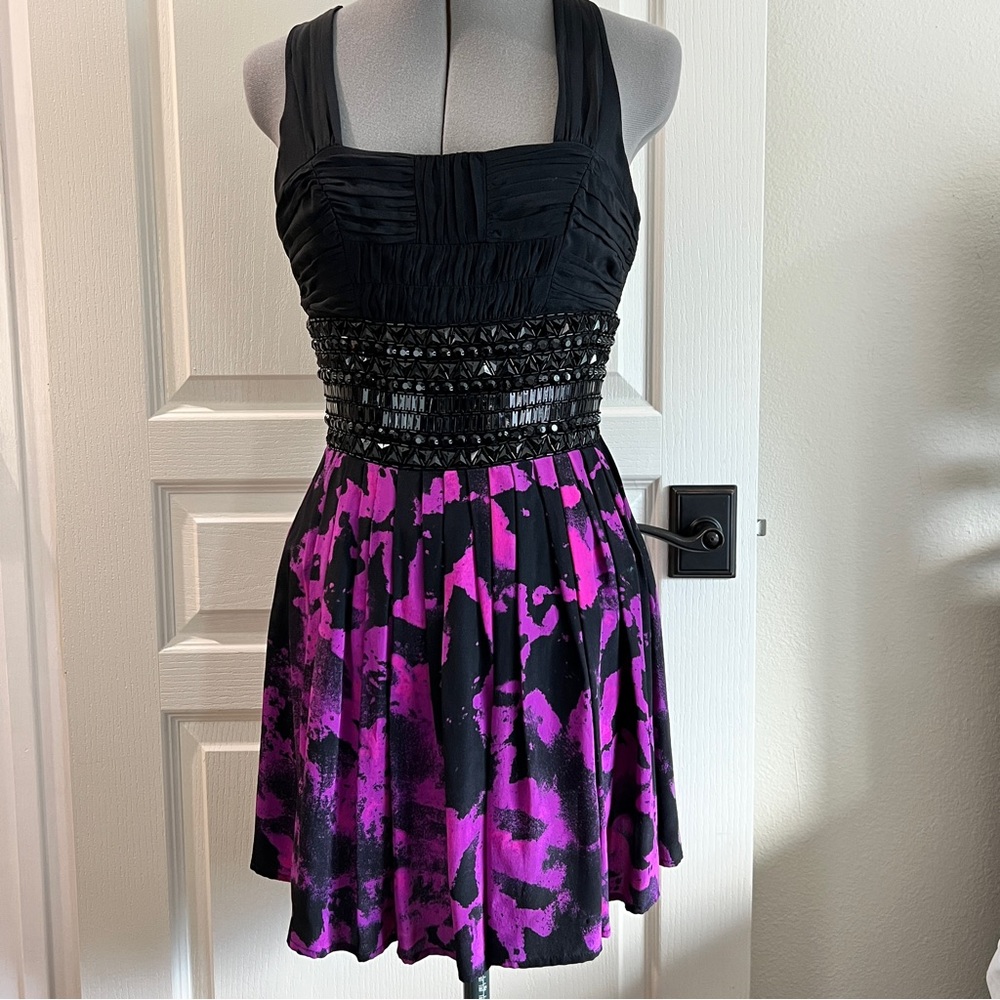 Bebe Black Purple Square Neck Embellished Mini Dress XXS